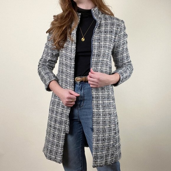 Vintage Silk Tweed Long Trench Jacket Peacoat Light Woven Preppy Light Academia - Picture 6 of 6